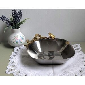Vintage Stainless Steel Bowl with Gold Floral Branch Handle